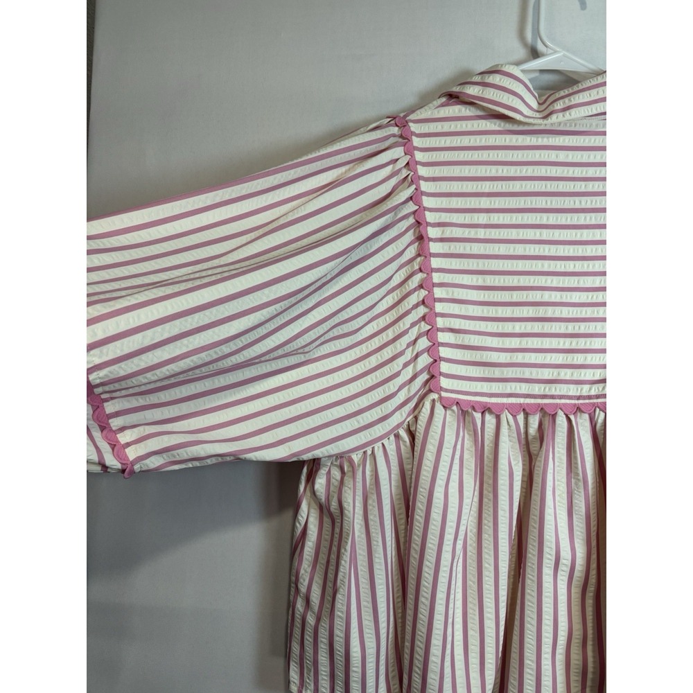 Entro Striped Seersucker Balloon Sleeve Blouse Pink White Scalloped Trim M - Picture 6 of 10